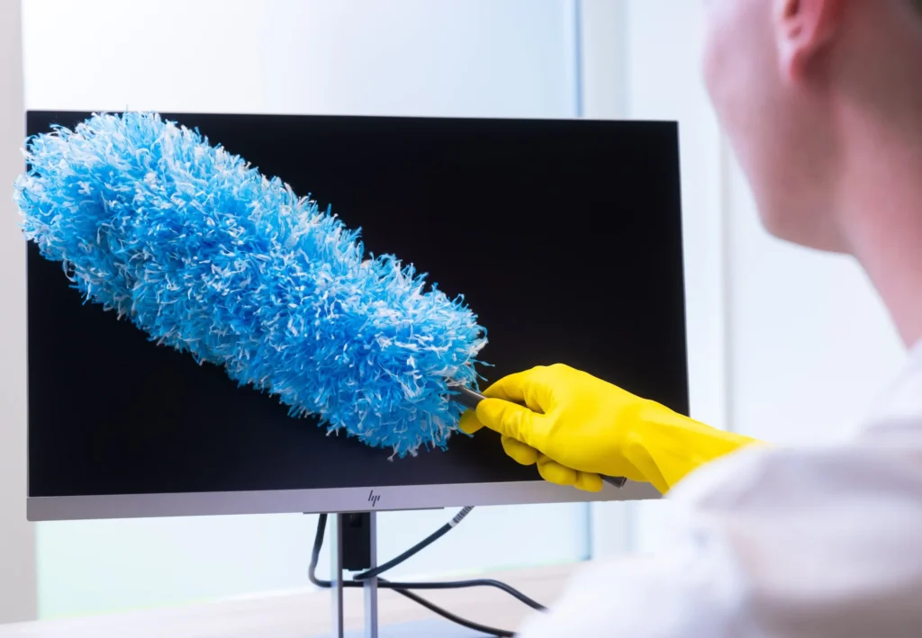 iemand die een computer beeldscherm schoonmaakt met een blauwe stoffer